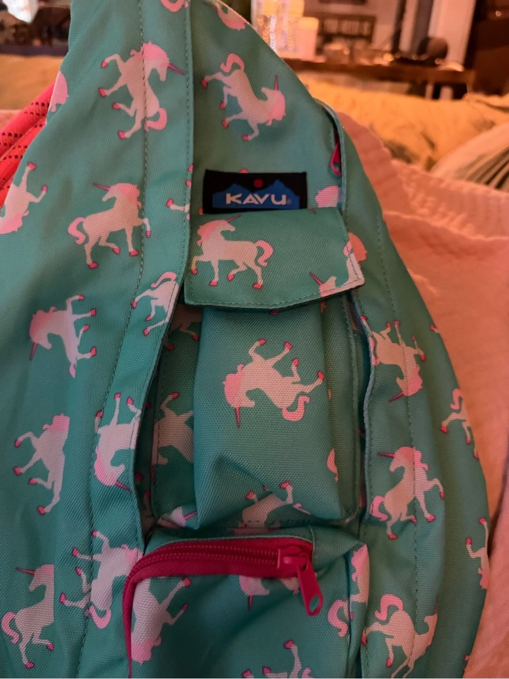Kavu Mint Unicorn Rope Sling Bag with Pink Accents - Picture 2 of 3
